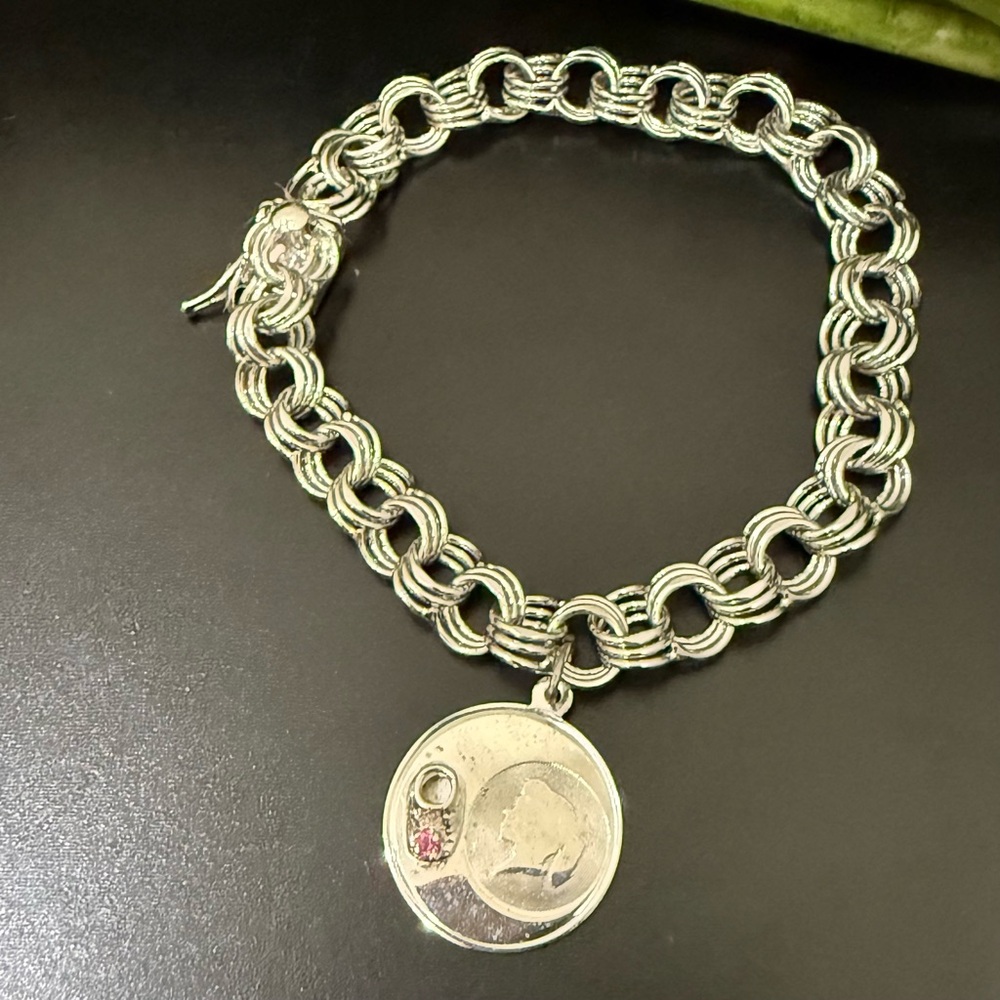 Vintage Sterling Silver Girl Baby Boots Pink Stone Double Curb Link Bracelet 16g